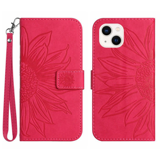 Flip Phone Case for iPhone 14 Plus, HT04 Imprinted Sunflower Viewing Stand PU Leather Skin-Touch Magnetic Wallet Cover with Strap - Rose