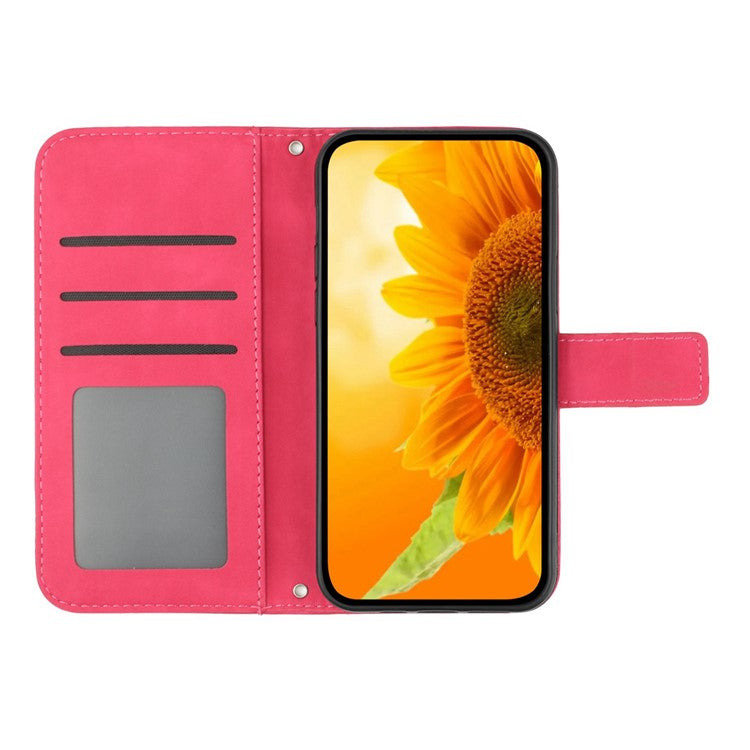 Flip Phone Case for iPhone 14 Plus, HT04 Imprinted Sunflower Viewing Stand PU Leather Skin-Touch Magnetic Wallet Cover with Strap - Rose