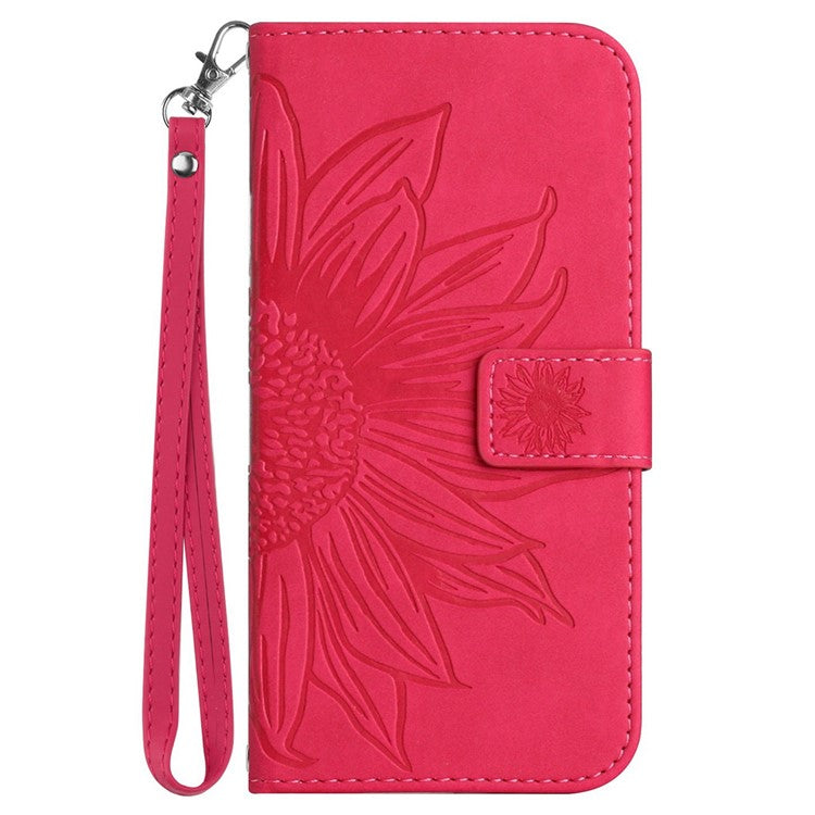 Flip Phone Case for iPhone 14 Plus, HT04 Imprinted Sunflower Viewing Stand PU Leather Skin-Touch Magnetic Wallet Cover with Strap - Rose