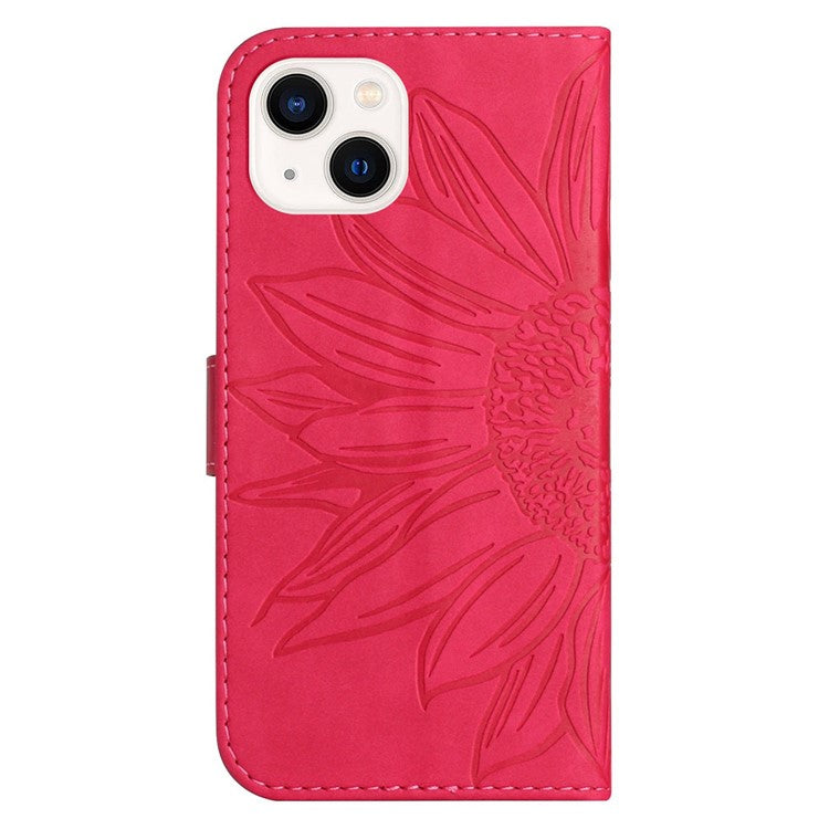 Flip Phone Case for iPhone 14 Plus, HT04 Imprinted Sunflower Viewing Stand PU Leather Skin-Touch Magnetic Wallet Cover with Strap - Rose