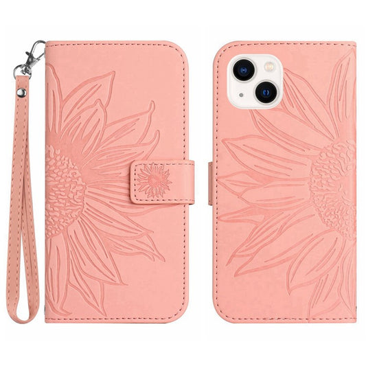 Flip Phone Case for iPhone 14 Plus, HT04 Imprinted Sunflower Viewing Stand PU Leather Skin-Touch Magnetic Wallet Cover with Strap - Light Pink