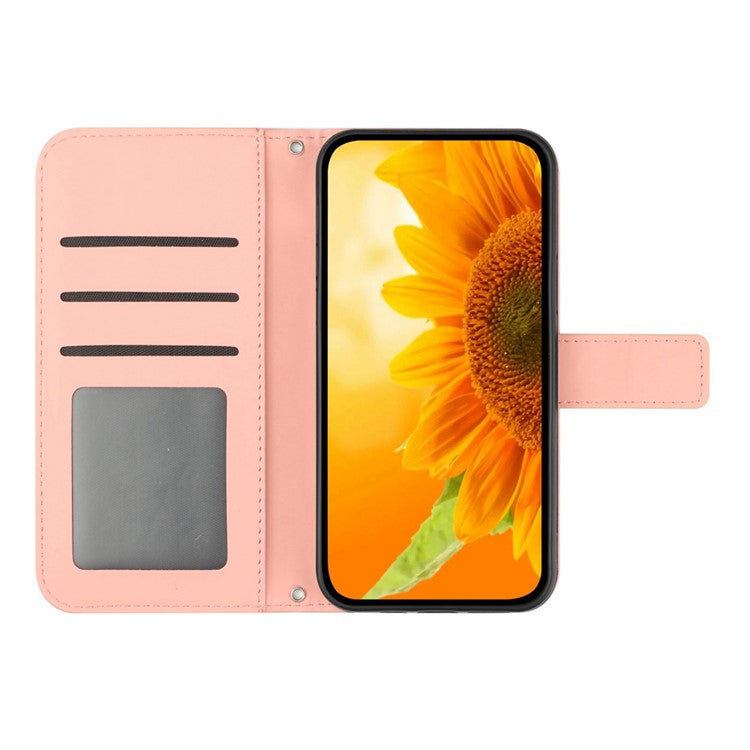 Flip Phone Case for iPhone 14 Plus, HT04 Imprinted Sunflower Viewing Stand PU Leather Skin-Touch Magnetic Wallet Cover with Strap - Light Pink