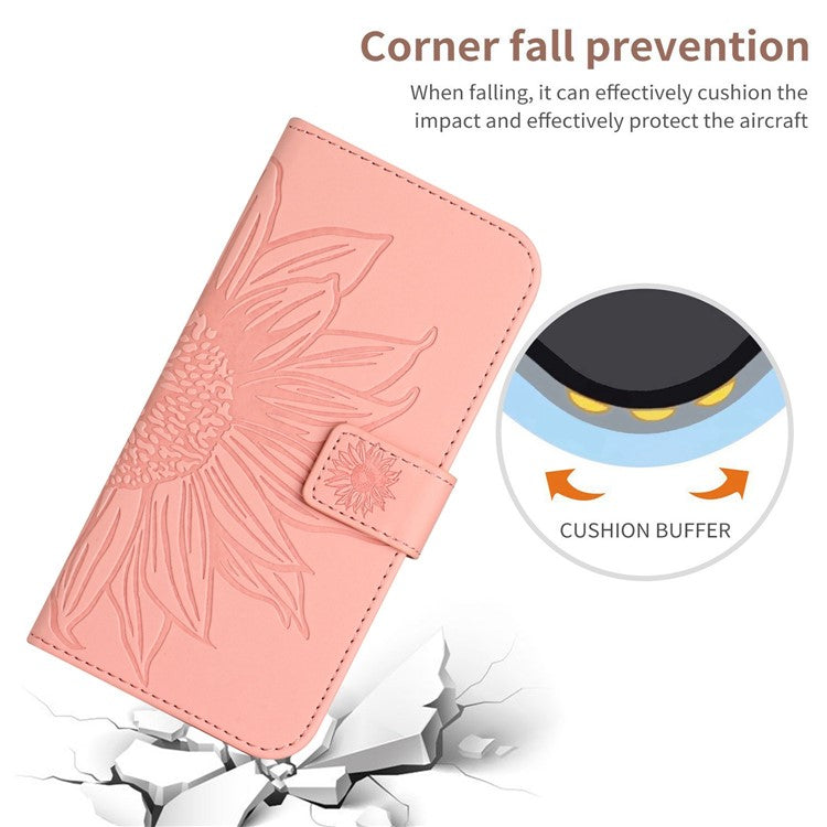 Flip Phone Case for iPhone 14 Plus, HT04 Imprinted Sunflower Viewing Stand PU Leather Skin-Touch Magnetic Wallet Cover with Strap - Light Pink