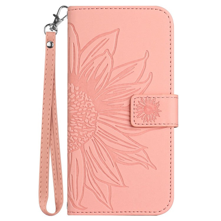 Flip Phone Case for iPhone 14 Plus, HT04 Imprinted Sunflower Viewing Stand PU Leather Skin-Touch Magnetic Wallet Cover with Strap - Light Pink