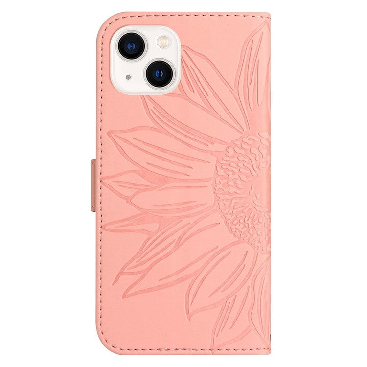 Flip Phone Case for iPhone 14 Plus, HT04 Imprinted Sunflower Viewing Stand PU Leather Skin-Touch Magnetic Wallet Cover with Strap - Light Pink