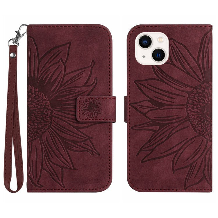 Flip Phone Case for iPhone 14 Plus, HT04 Imprinted Sunflower Viewing Stand PU Leather Skin-Touch Magnetic Wallet Cover with Strap - Wine Red