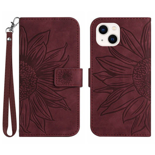 Flip Phone Case for iPhone 14 Plus, HT04 Imprinted Sunflower Viewing Stand PU Leather Skin-Touch Magnetic Wallet Cover with Strap - Wine Red