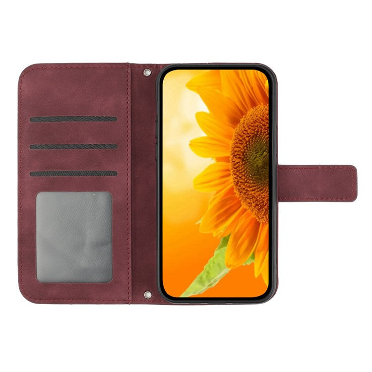 Flip Phone Case for iPhone 14 Plus, HT04 Imprinted Sunflower Viewing Stand PU Leather Skin-Touch Magnetic Wallet Cover with Strap - Wine Red