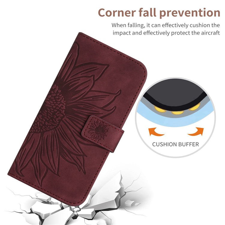 Flip Phone Case for iPhone 14 Plus, HT04 Imprinted Sunflower Viewing Stand PU Leather Skin-Touch Magnetic Wallet Cover with Strap - Wine Red