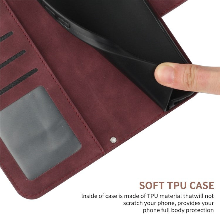 Flip Phone Case for iPhone 14 Plus, HT04 Imprinted Sunflower Viewing Stand PU Leather Skin-Touch Magnetic Wallet Cover with Strap - Wine Red