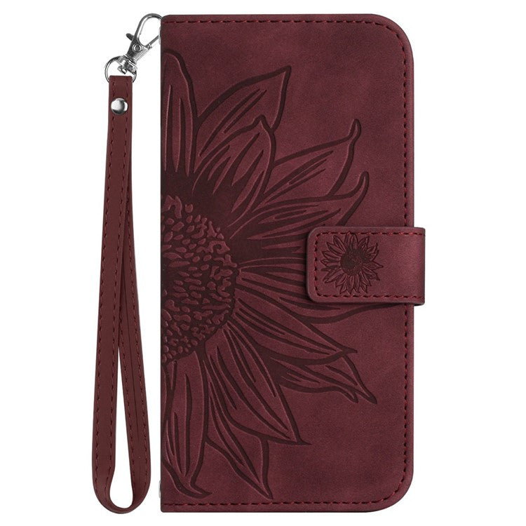Flip Phone Case for iPhone 14 Plus, HT04 Imprinted Sunflower Viewing Stand PU Leather Skin-Touch Magnetic Wallet Cover with Strap - Wine Red