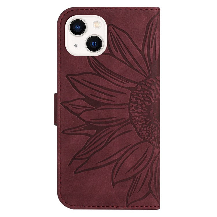 Flip Phone Case for iPhone 14 Plus, HT04 Imprinted Sunflower Viewing Stand PU Leather Skin-Touch Magnetic Wallet Cover with Strap - Wine Red