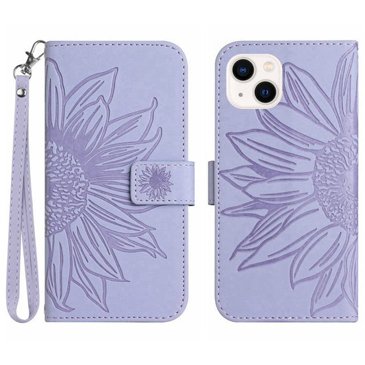 Flip Phone Case for iPhone 14 Plus, HT04 Imprinted Sunflower Viewing Stand PU Leather Skin-Touch Magnetic Wallet Cover with Strap - Light Purple
