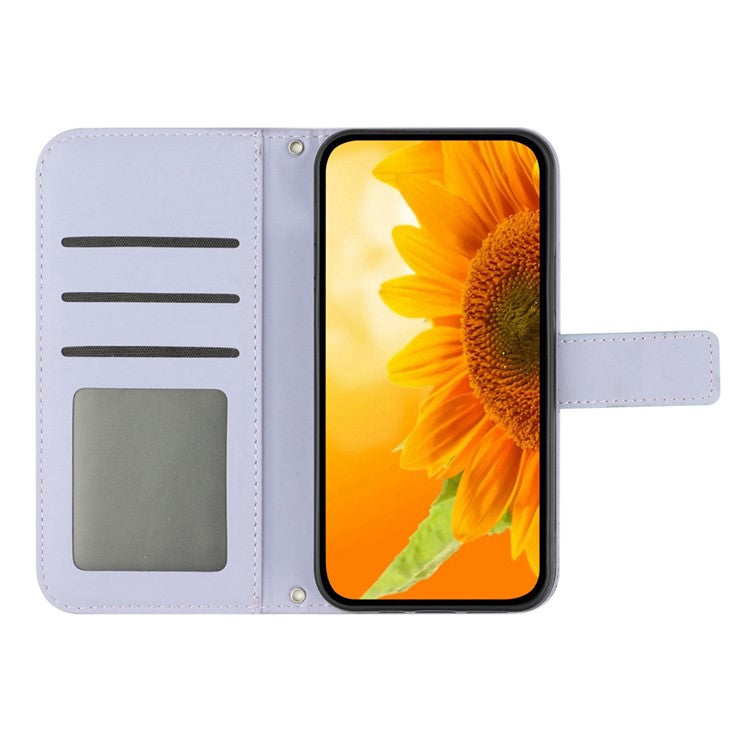 Flip Phone Case for iPhone 14 Plus, HT04 Imprinted Sunflower Viewing Stand PU Leather Skin-Touch Magnetic Wallet Cover with Strap - Light Purple