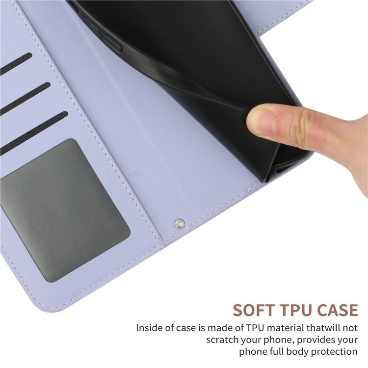 Flip Phone Case for iPhone 14 Plus, HT04 Imprinted Sunflower Viewing Stand PU Leather Skin-Touch Magnetic Wallet Cover with Strap - Light Purple