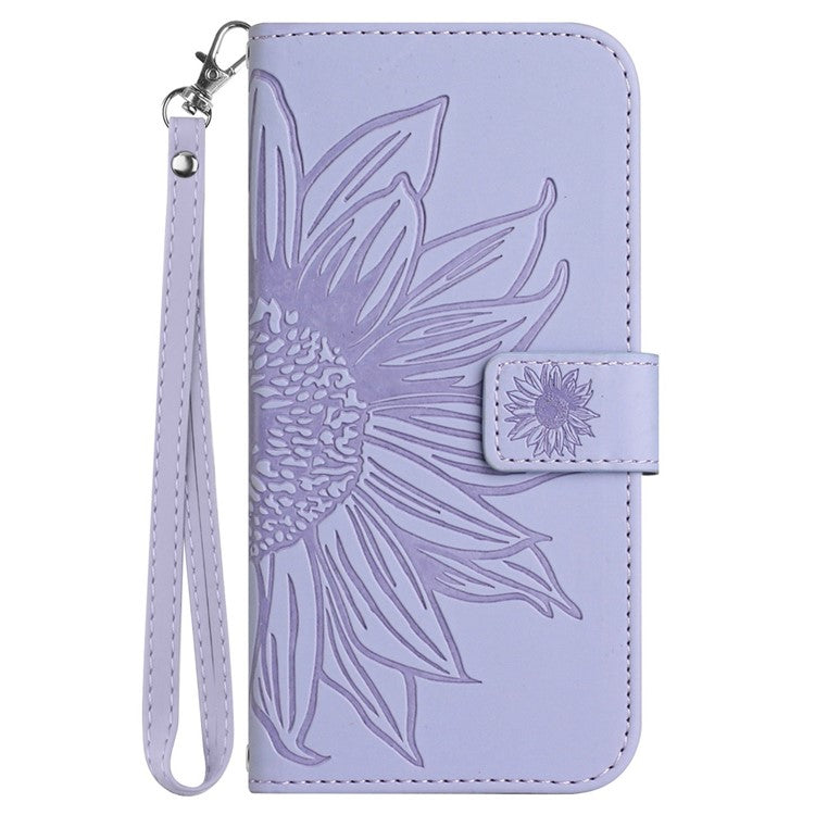 Flip Phone Case for iPhone 14 Plus, HT04 Imprinted Sunflower Viewing Stand PU Leather Skin-Touch Magnetic Wallet Cover with Strap - Light Purple