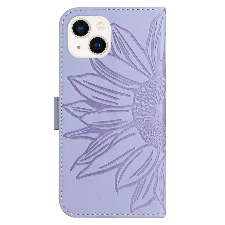 Flip Phone Case for iPhone 14 Plus, HT04 Imprinted Sunflower Viewing Stand PU Leather Skin-Touch Magnetic Wallet Cover with Strap - Light Purple
