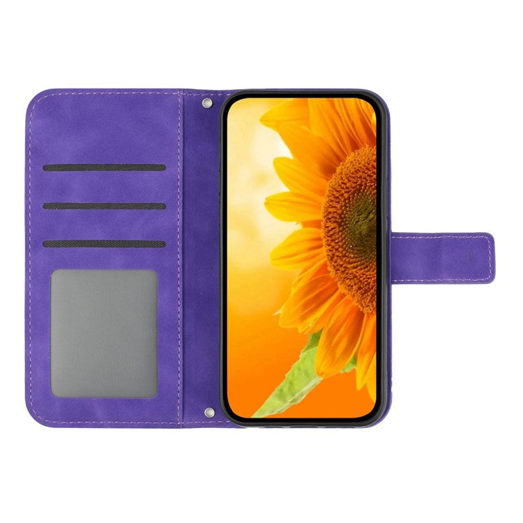 Flip Phone Case for iPhone 14, HT04 Imprinted Sunflower Adjustable Stand PU Leather Skin-Touch Magnetic Wallet Cover with Strap - Dark Purple