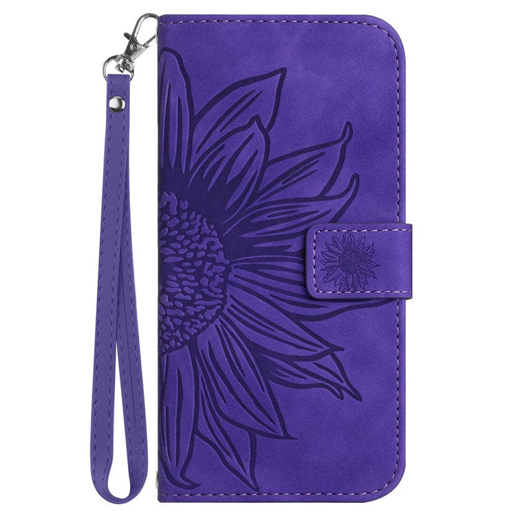 Flip Phone Case for iPhone 14, HT04 Imprinted Sunflower Adjustable Stand PU Leather Skin-Touch Magnetic Wallet Cover with Strap - Dark Purple