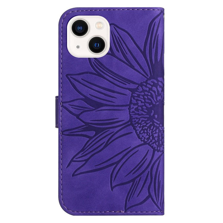Flip Phone Case for iPhone 14, HT04 Imprinted Sunflower Adjustable Stand PU Leather Skin-Touch Magnetic Wallet Cover with Strap - Dark Purple