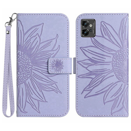 PU Leather Imprinted Sunflower Case for Motorola Moto G32 4G, Stand Wallet Skin-touch Magnetic Clasp Phone Cover with Strap - Light Purple