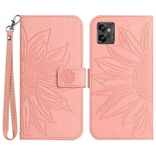 PU Leather Imprinted Sunflower Case for Motorola Moto G32 4G, Stand Wallet Skin-touch Magnetic Clasp Phone Cover with Strap - Light Pink