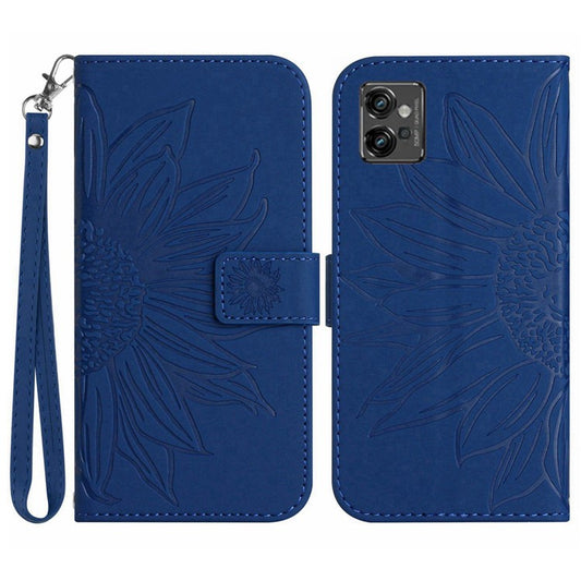 PU Leather Imprinted Sunflower Case for Motorola Moto G32 4G, Stand Wallet Skin-touch Magnetic Clasp Phone Cover with Strap - Sapphire