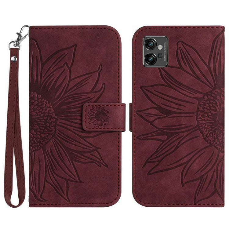 PU Leather Imprinted Sunflower Case for Motorola Moto G32 4G, Stand Wallet Skin-touch Magnetic Clasp Phone Cover with Strap - Wine Red