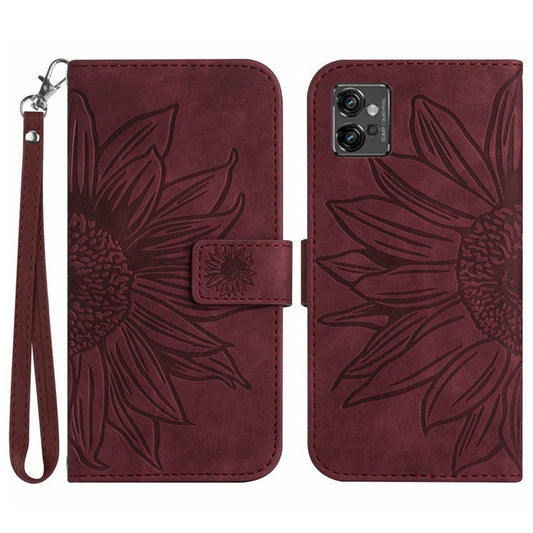 PU Leather Imprinted Sunflower Case for Motorola Moto G32 4G, Stand Wallet Skin-touch Magnetic Clasp Phone Cover with Strap - Wine Red
