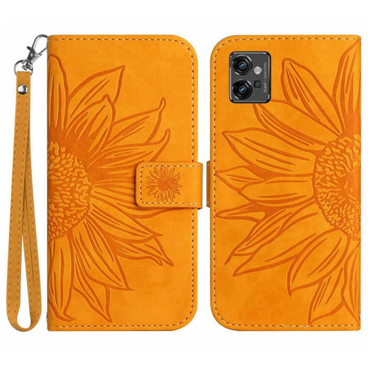 PU Leather Imprinted Sunflower Case for Motorola Moto G32 4G, Stand Wallet Skin-touch Magnetic Clasp Phone Cover with Strap - Yellow