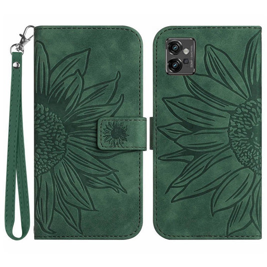 PU Leather Imprinted Sunflower Case for Motorola Moto G32 4G, Stand Wallet Skin-touch Magnetic Clasp Phone Cover with Strap - Dark Green