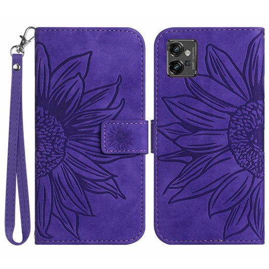 PU Leather Imprinted Sunflower Case for Motorola Moto G32 4G, Stand Wallet Skin-touch Magnetic Clasp Phone Cover with Strap - Dark Purple
