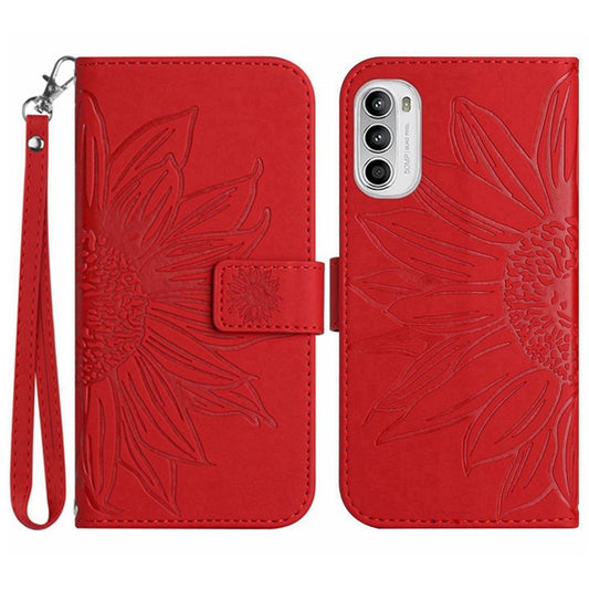 PU Leather Stand Wallet Case for Motorola Moto G62 5G, Skin-touch Imprinted Sunflower Shockproof Phone Cover with Strap - Red