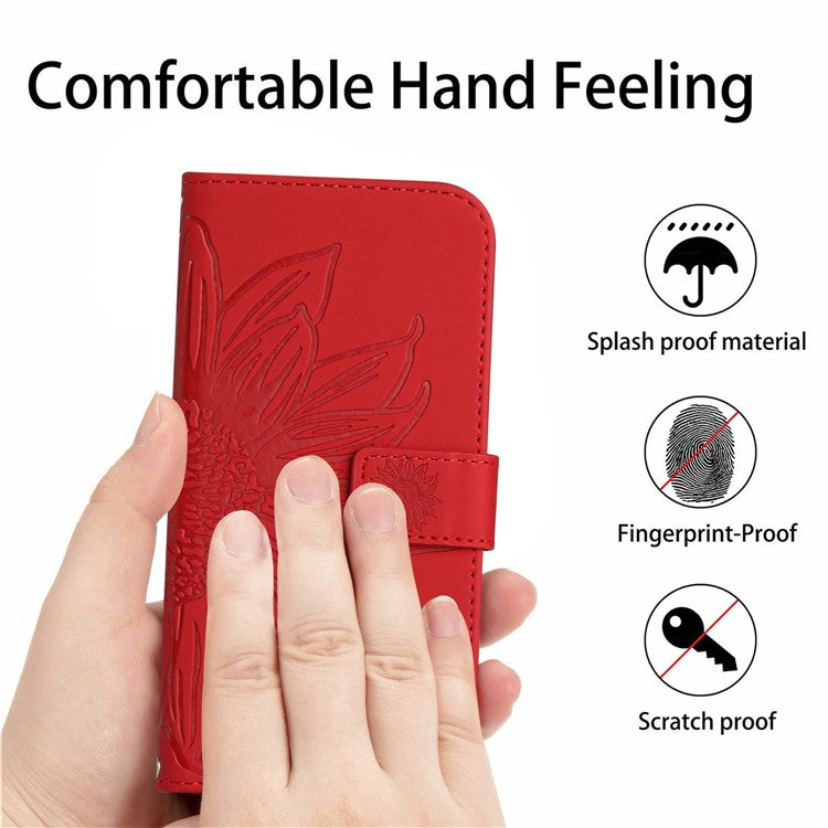 PU Leather Stand Wallet Case for Motorola Moto G62 5G, Skin-touch Imprinted Sunflower Shockproof Phone Cover with Strap - Red
