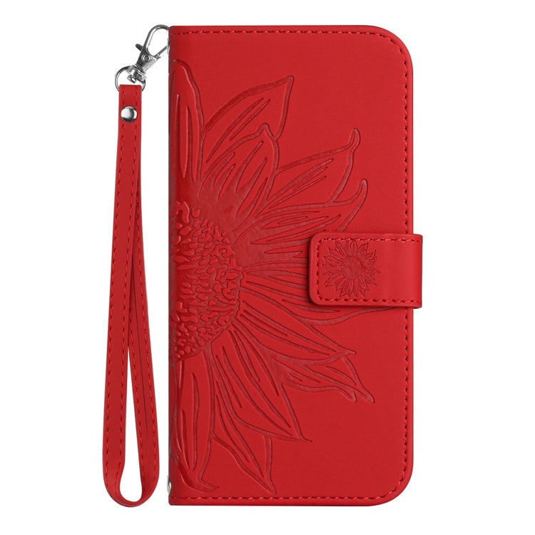 PU Leather Stand Wallet Case for Motorola Moto G62 5G, Skin-touch Imprinted Sunflower Shockproof Phone Cover with Strap - Red