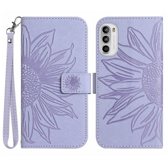 PU Leather Stand Wallet Case for Motorola Moto G62 5G, Skin-touch Imprinted Sunflower Shockproof Phone Cover with Strap - Light Purple
