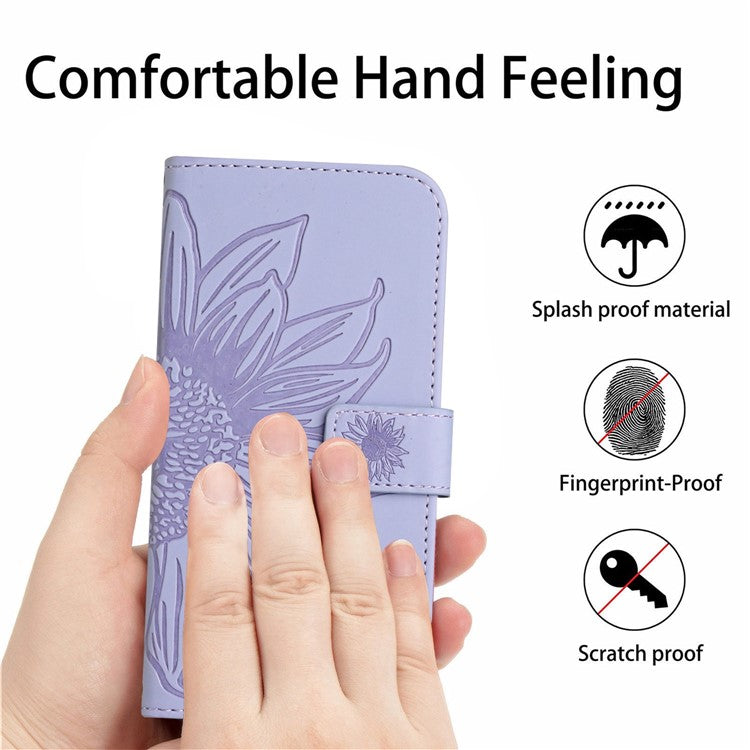 PU Leather Stand Wallet Case for Motorola Moto G62 5G, Skin-touch Imprinted Sunflower Shockproof Phone Cover with Strap - Light Purple