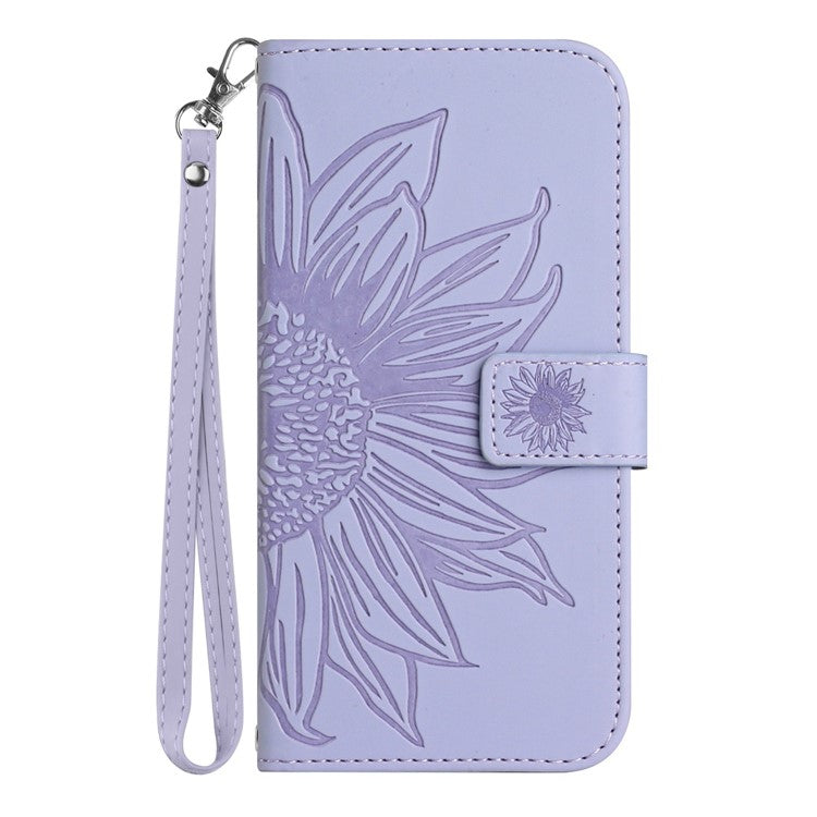 PU Leather Stand Wallet Case for Motorola Moto G62 5G, Skin-touch Imprinted Sunflower Shockproof Phone Cover with Strap - Light Purple