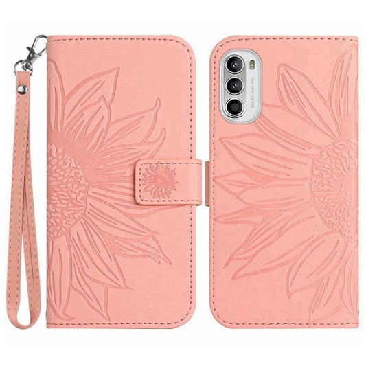 PU Leather Stand Wallet Case for Motorola Moto G62 5G, Skin-touch Imprinted Sunflower Shockproof Phone Cover with Strap - Light Pink