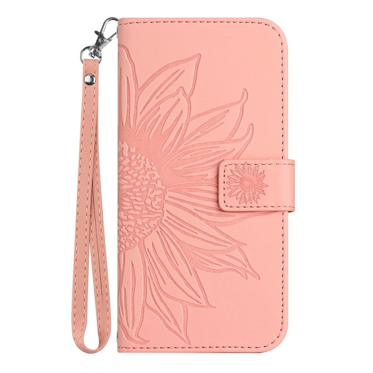 PU Leather Stand Wallet Case for Motorola Moto G62 5G, Skin-touch Imprinted Sunflower Shockproof Phone Cover with Strap - Light Pink