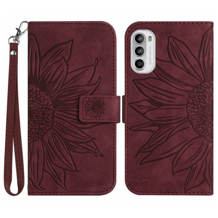 PU Leather Stand Wallet Case for Motorola Moto G62 5G, Skin-touch Imprinted Sunflower Shockproof Phone Cover with Strap - Wine Red