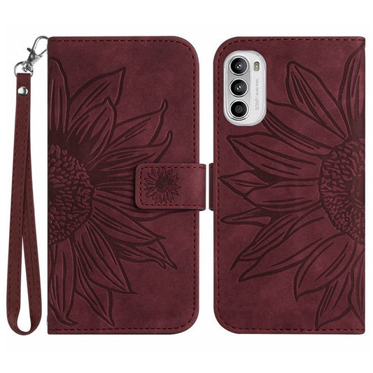 PU Leather Stand Wallet Case for Motorola Moto G62 5G, Skin-touch Imprinted Sunflower Shockproof Phone Cover with Strap - Wine Red