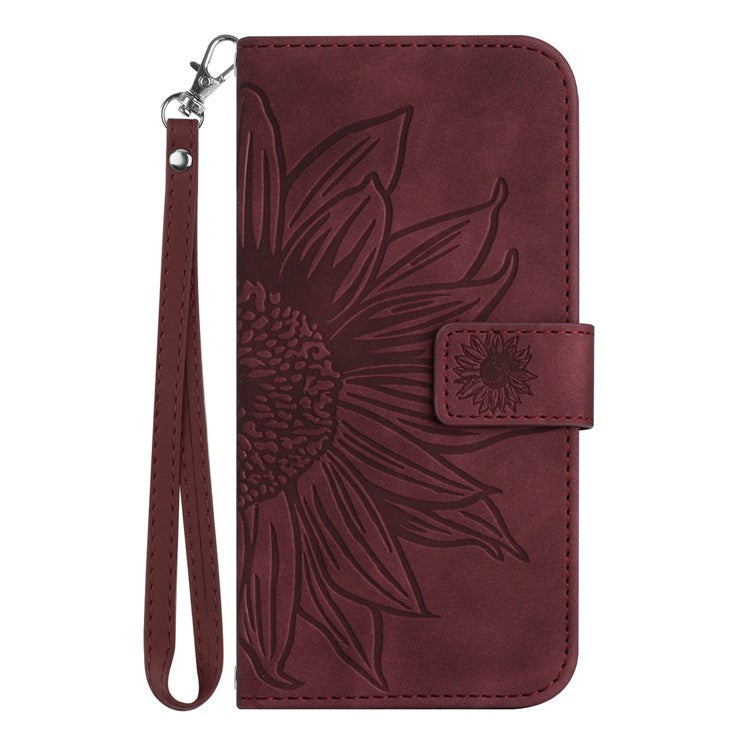 PU Leather Stand Wallet Case for Motorola Moto G62 5G, Skin-touch Imprinted Sunflower Shockproof Phone Cover with Strap - Wine Red