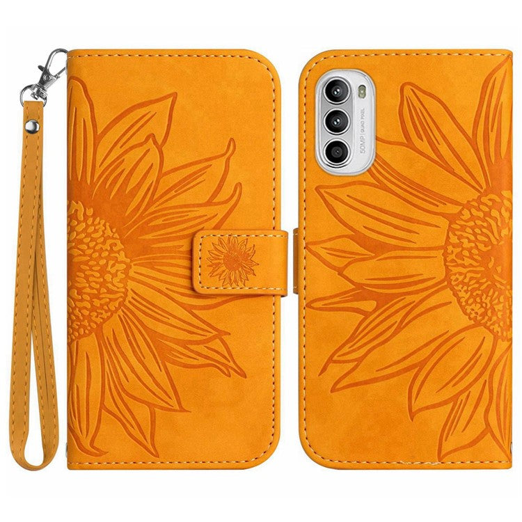 PU Leather Stand Wallet Case for Motorola Moto G62 5G, Skin-touch Imprinted Sunflower Shockproof Phone Cover with Strap - Yellow