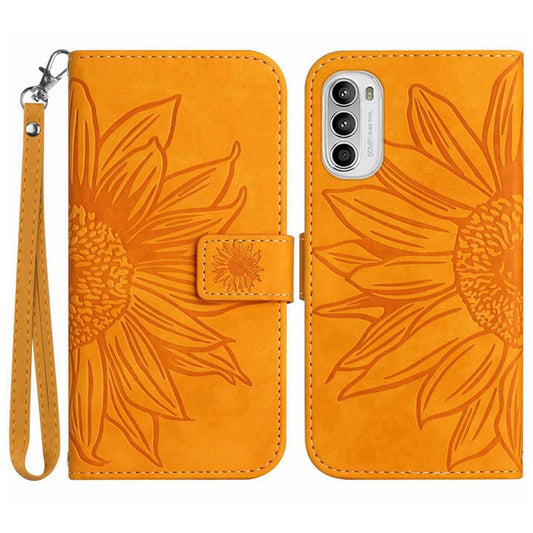 PU Leather Stand Wallet Case for Motorola Moto G62 5G, Skin-touch Imprinted Sunflower Shockproof Phone Cover with Strap - Yellow