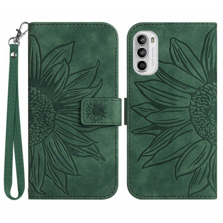 PU Leather Stand Wallet Case for Motorola Moto G62 5G, Skin-touch Imprinted Sunflower Shockproof Phone Cover with Strap - Dark Green