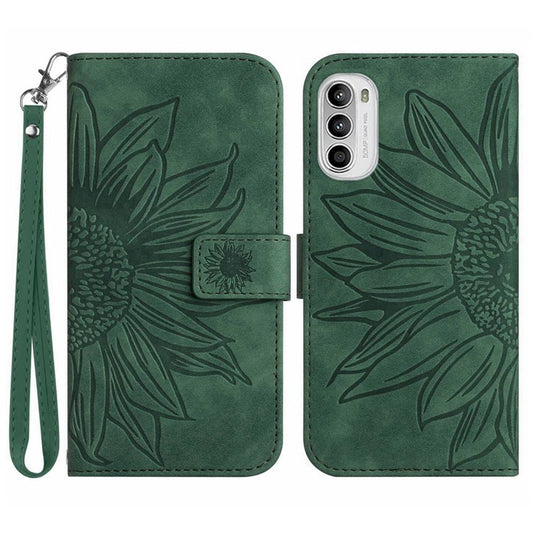 PU Leather Stand Wallet Case for Motorola Moto G62 5G, Skin-touch Imprinted Sunflower Shockproof Phone Cover with Strap - Dark Green