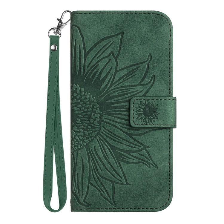 PU Leather Stand Wallet Case for Motorola Moto G62 5G, Skin-touch Imprinted Sunflower Shockproof Phone Cover with Strap - Dark Green