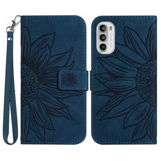 PU Leather Stand Wallet Case for Motorola Moto G62 5G, Skin-touch Imprinted Sunflower Shockproof Phone Cover with Strap - Dark Blue