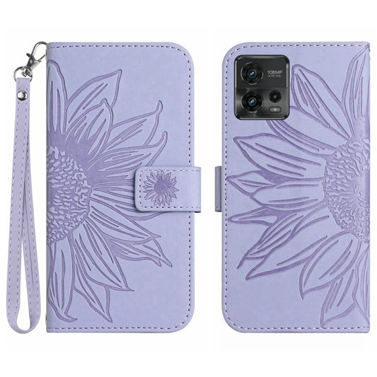 Skin-Touch Feeling Magnetic Flip Phone Case for Motorola Moto G72 5G, Splash Resistant Imprinted Sunflower Stand PU Leather Wallet Cover with Strap - Light Purple